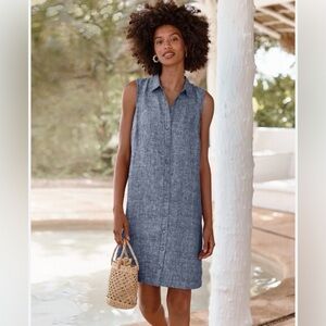 Garnet Hill Classic Linen Shirt Dress Sleeveless Button-Down Indigo Chambray